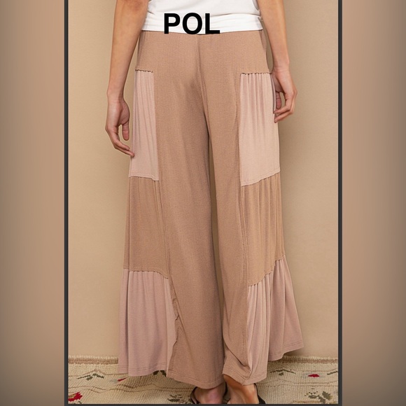 BPB224-9🤎POL perfection in  Two-Tone Tiered wide leg soft pants in tan+taupe! - Picture 3 of 6
